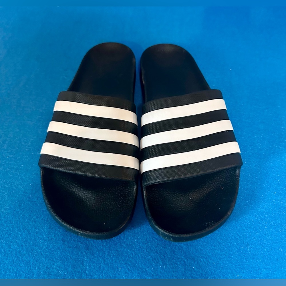 Adidas Black and White Striped Slides